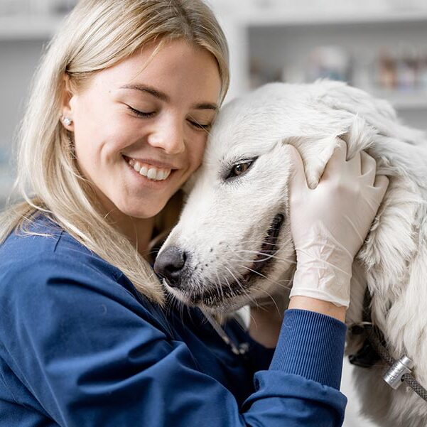 happy female wearing gloves hugging large white dog happy female wearing gloves hugging large white dog